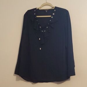 EUC Linea Domani Dark Navy, Lace Front Blouse